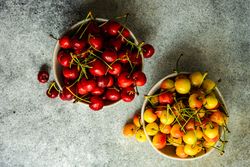 Top view of summer cherries in bowl