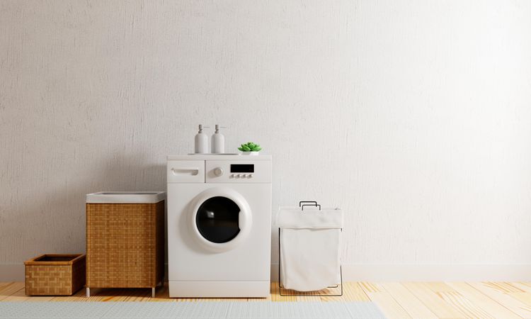 Minimal clean room with washing machine and laundry basket