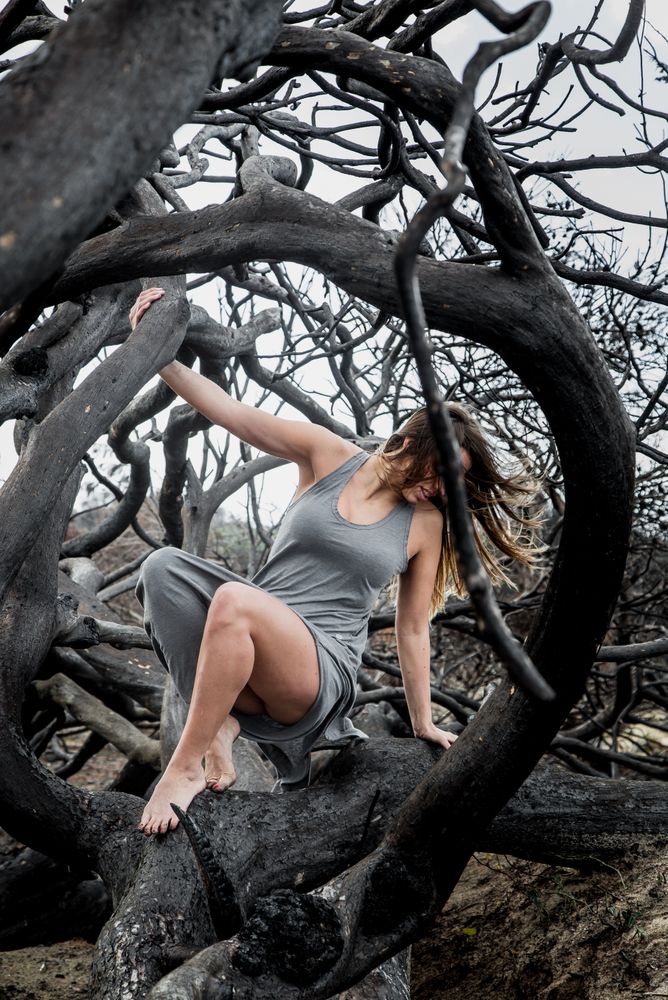 Woman posing on twigs of dry trees