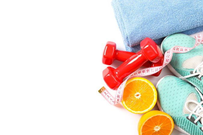 Healthy lifestyle accessories isolated on plain background