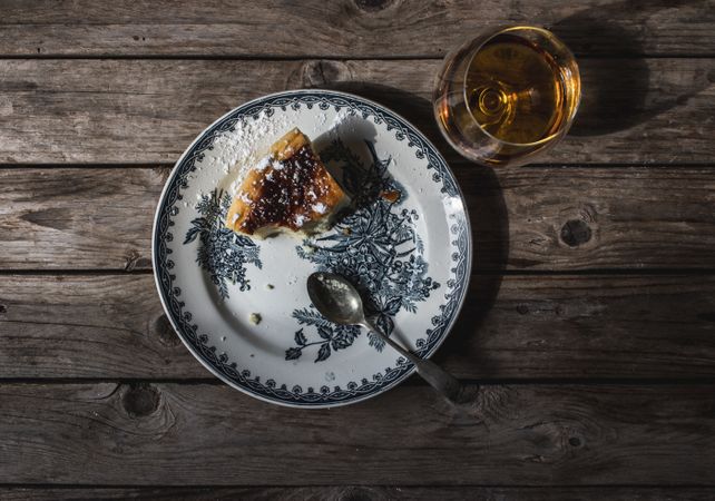 Cottage cheese pudding and glass of cognac