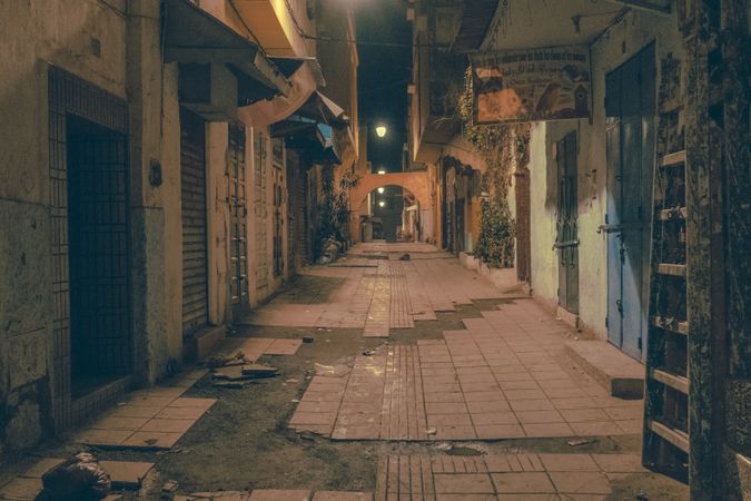 Old narrow street of town at night