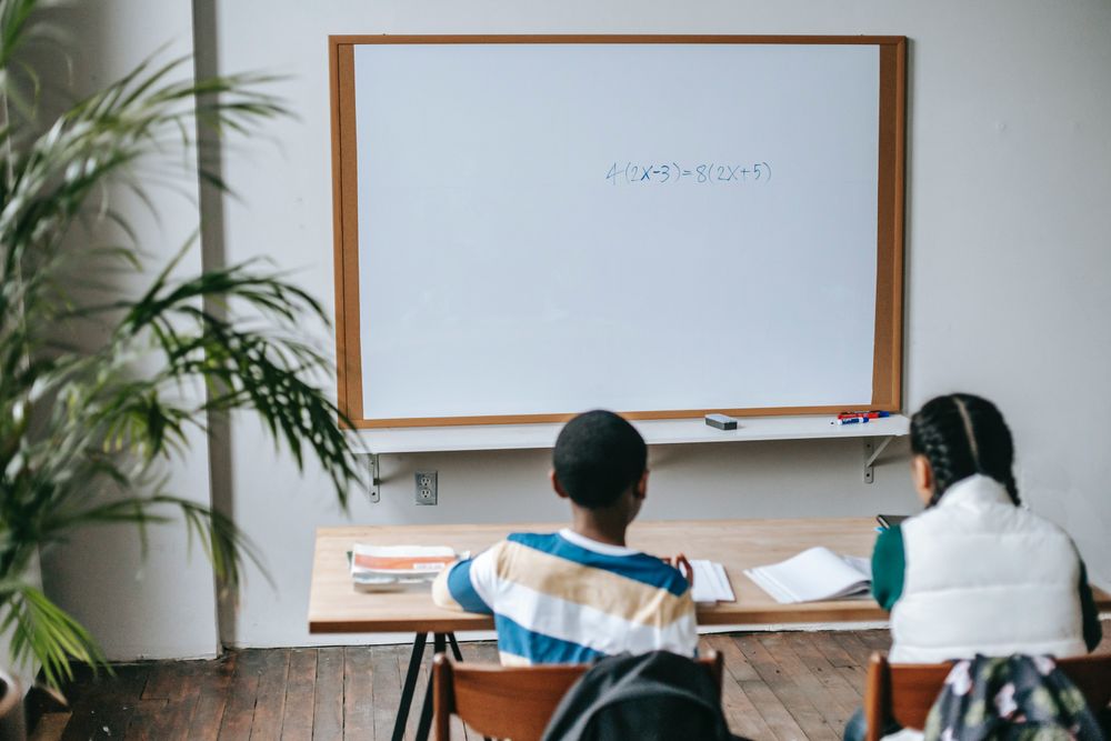 Back view of two students sitting in classroom
