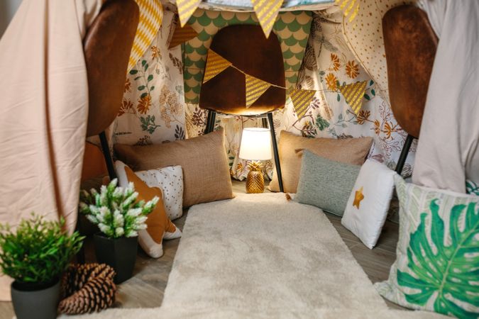Interior of diy tent at home