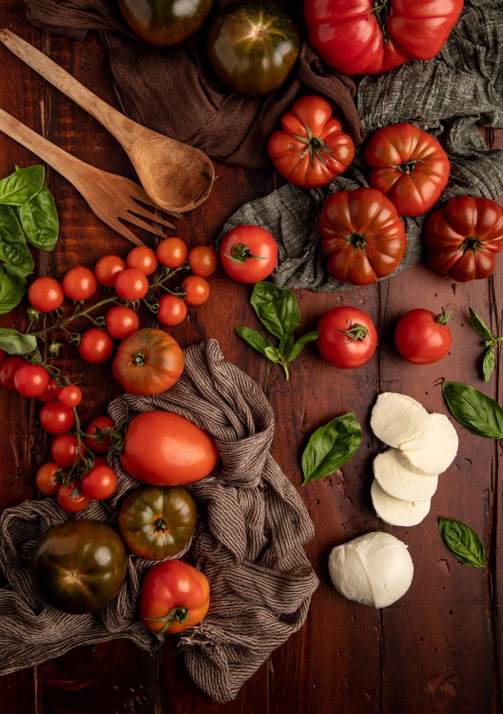 Salad ingredients on board and napkin