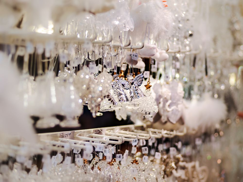 Traditional Christmas market with glass souvenirs, Strasbourg, Alsace, France