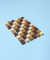 Homemade fudge pieces aligned over a blue background
