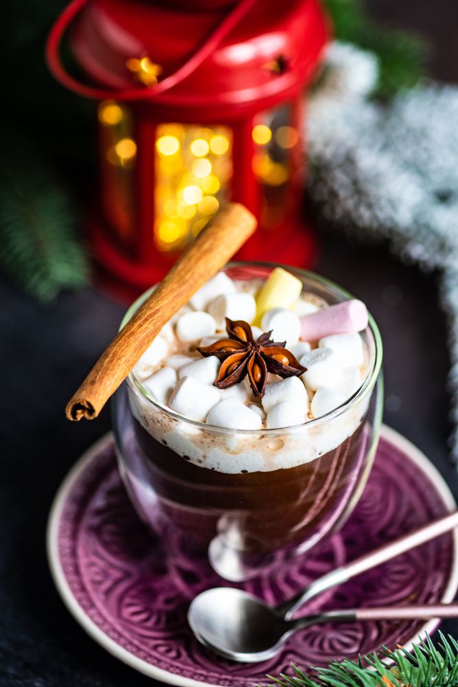 Marshmallow hot chocolate with cinnamon on table with red lantern