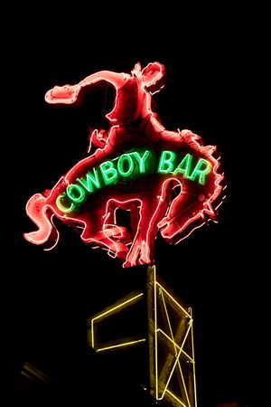 Neon sign of the Million Dollar Cowboy Bar in Jackson Hole, Wyoming