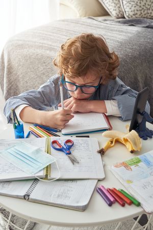 Adorable boy taking notes in notebook at home
