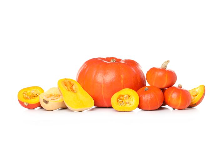 Concept of Autumn vibe food, Pumpkin, Pumpkin seeds, isolated on light background