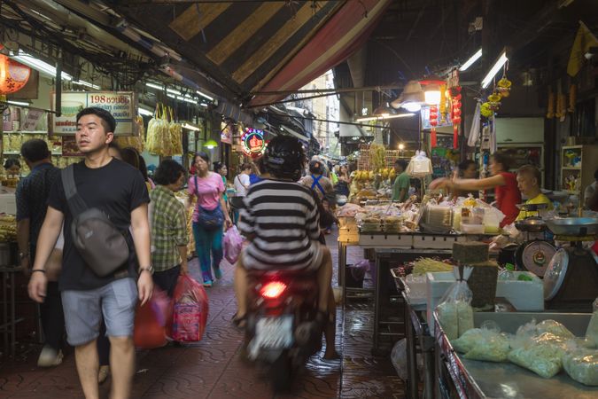 Bangkok, Thailand - January 22, 2020: Food stalls and sale of souvenirs, China town area