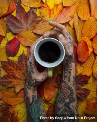 Person with tattooed arms holding a cup of coffee over yellow tree leaves 4dkRE5