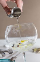 Barman pouring drink to prepare gin tonic cocktail