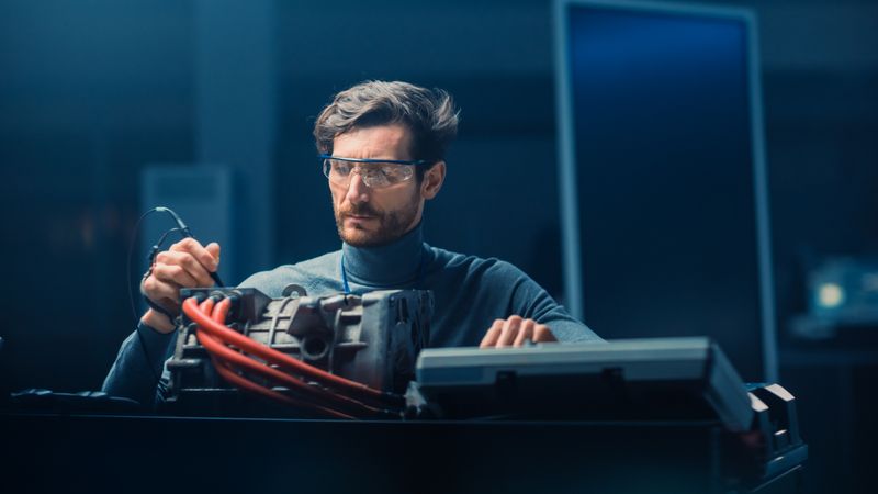 Professional Automotive Engineer in Glasses with a Computer and Inspection Tools is Testing an Used Electric Engine in a High Tech Laboratory with a Concept Car Chassis.