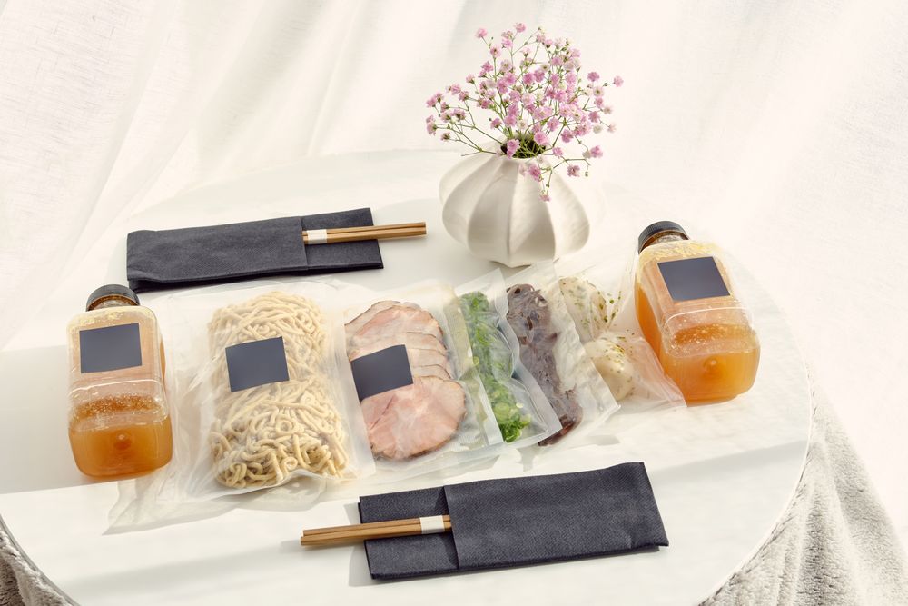 Set of ramen soup ingredients in vacuum bags