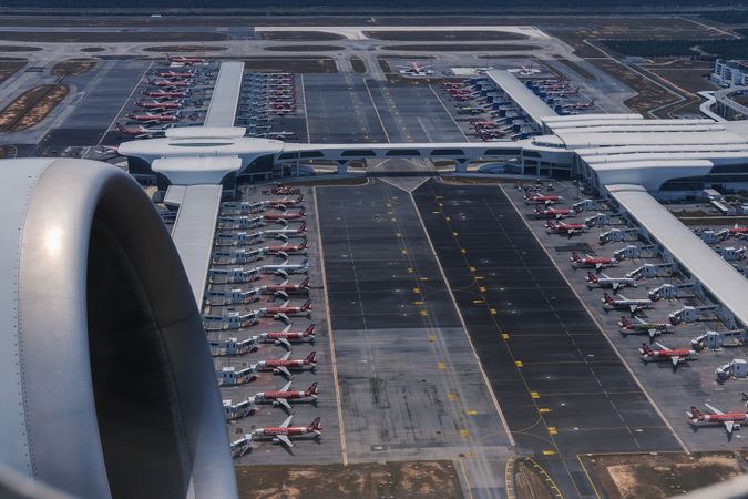 Aerial view of airport's airplane parking