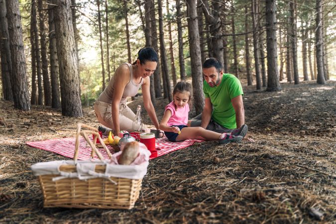 Family of three Having Picnic in Forest - Outdoor Activity and Quality Time Together