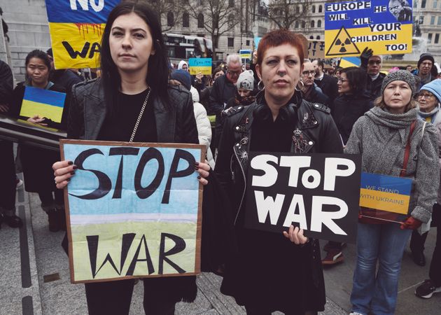 London, England, United Kingdom - March 5 2022: Two women holding stop war signs