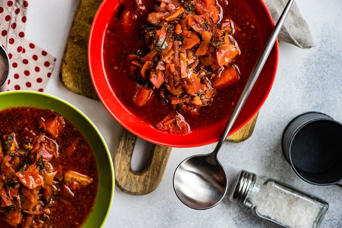Bowls of traditional Ukrainian beetroot soup borscht