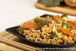 Yakisoba noodles. Yakisoba dish with meat, chicken and vegetables. 4NE7E2