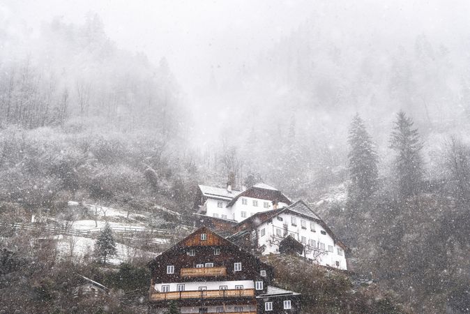 Alpine village on a snowing day