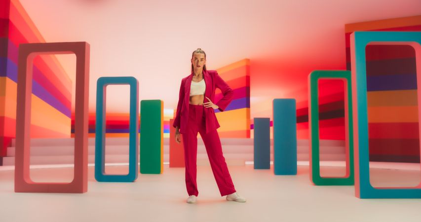 Low Angle Portrait of a Stylish Female Posing Confidently in a Bright Lit Room. Fashionable Young Woman Striking A Pose In Colorful Creative Studio Environment, Working For Luxurious Fashion Brand.
