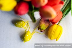Easter concept of tulips with yellow egg ornaments 5r9z73