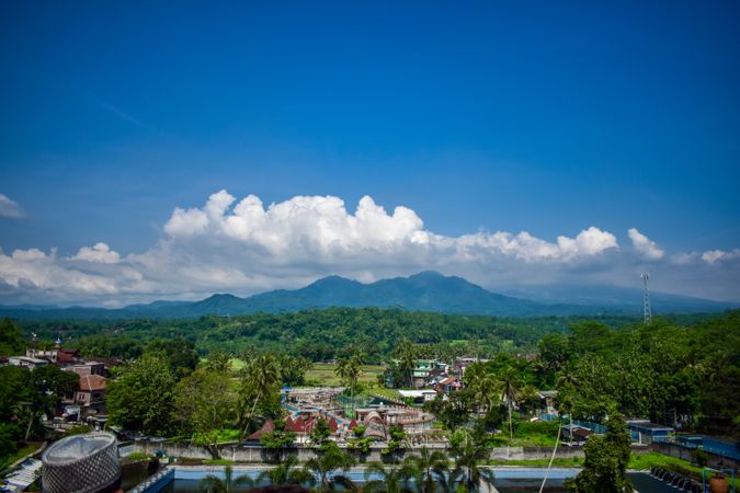 Aerial Mountain of tidar and Village with cloudy blue sky
