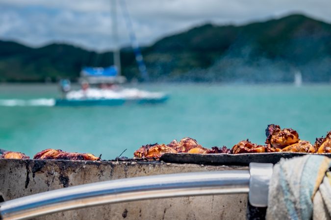 Meats on a BBQ on the ocean