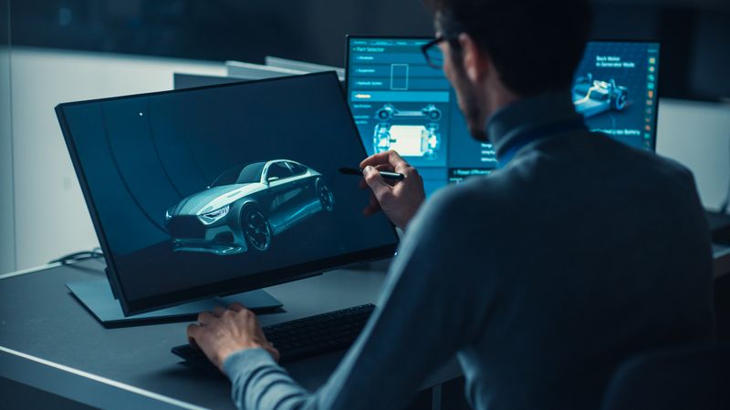 Professional Automotive Graphic Designer is Working on Concept Car Render with a Stylus Pen in a High Tech Innovative Laboratory with a Prototype Car Chassis.