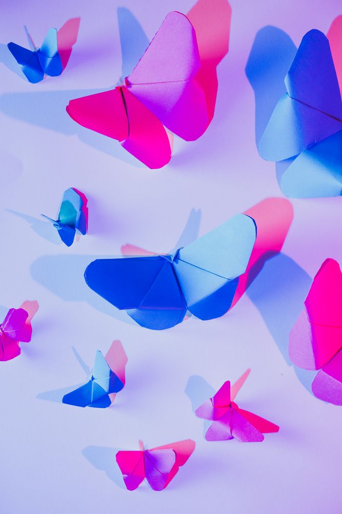 Paper butterflies and leaf on wall