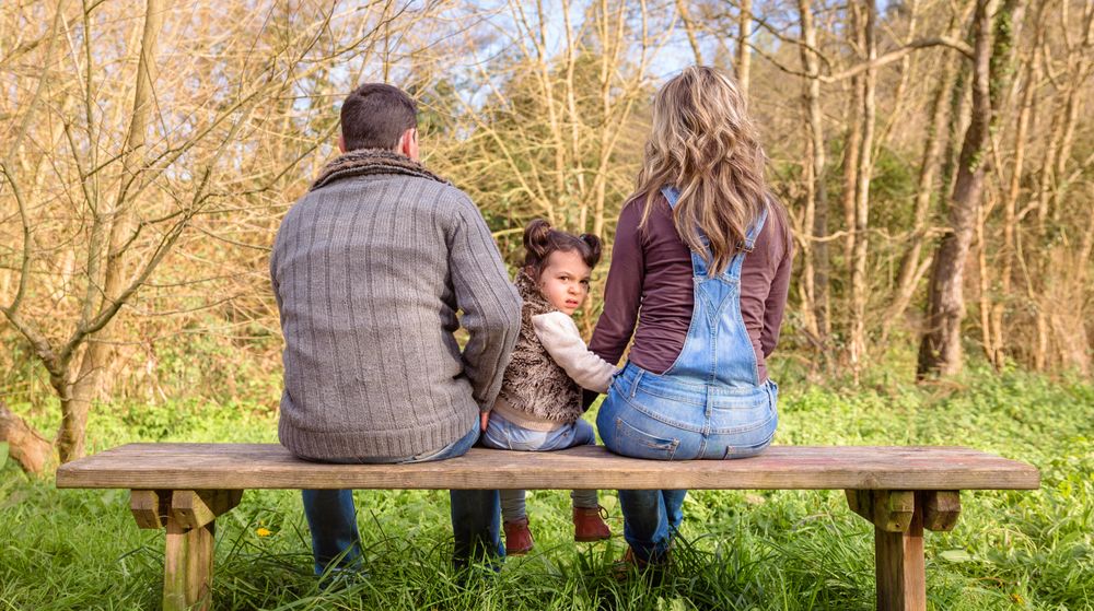 Back of parents with small girl looking around on park bench looking out to forest