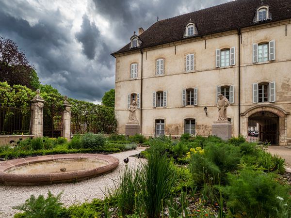 Empty streets of the medieval city of Beaune in Burgundy. The stormy sky
