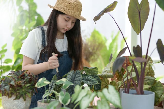 Asian female working in a green house with a gardening fork
