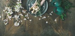 Spring Easter holiday table setting with copy space
