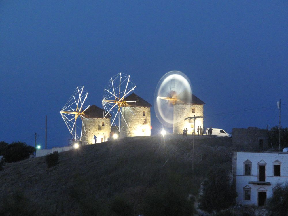 Lightshow of the three windmills of Chora, Patmos