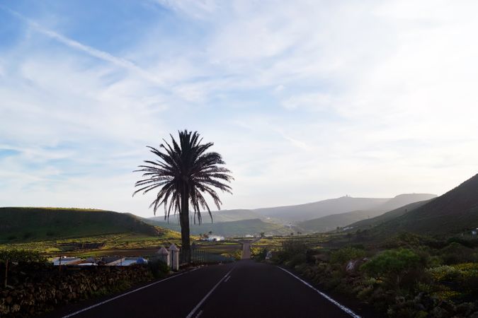 Endless road riding to mountains along fields