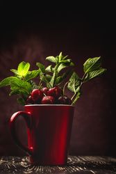 Cherry with branches in cup on table