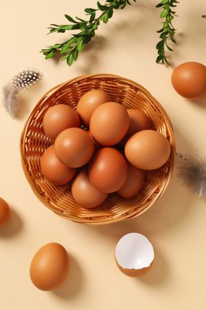Concept of natural farm product - eggs, top view