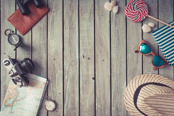 Summer things on wooden background