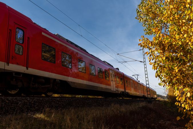 Commuter train traveling near Nuremberg on a beautiful autumn day