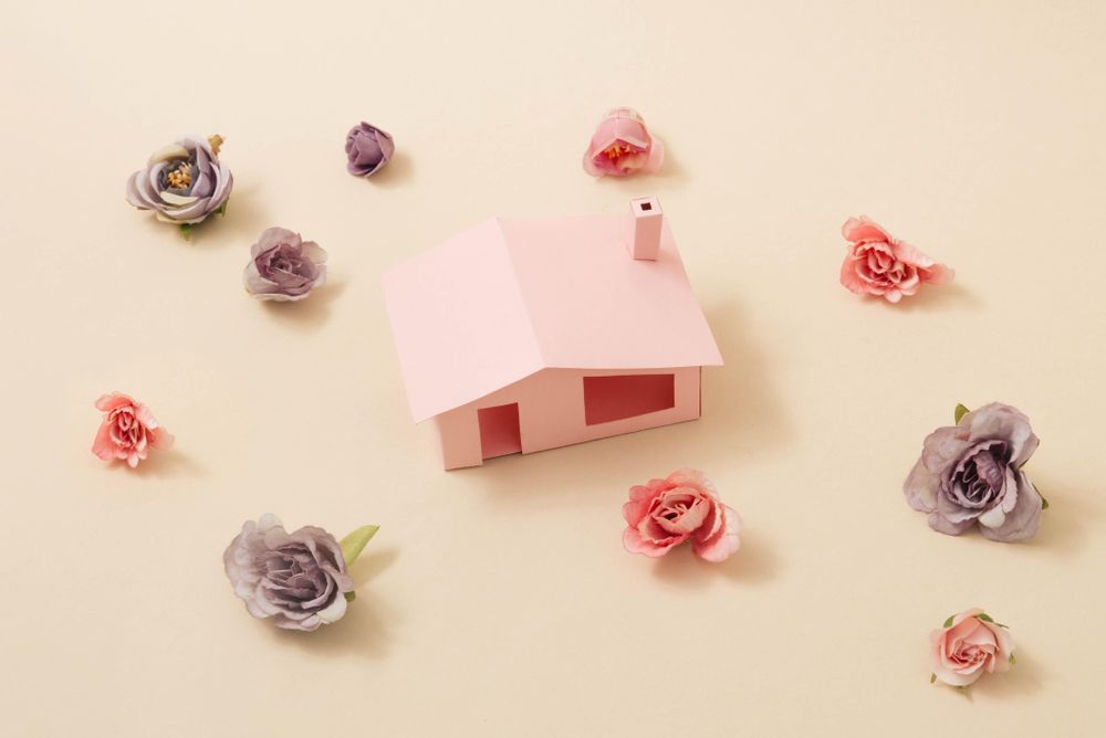 Spring flowers and leaves around pink house