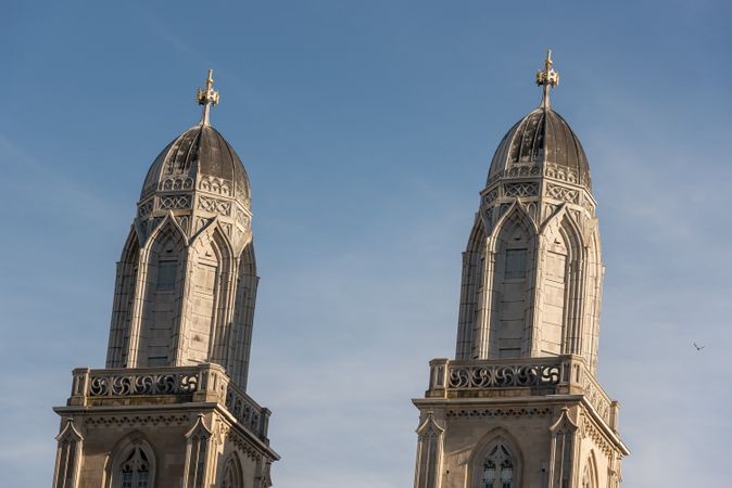 Cathedral towers on blue sky in Zurich city