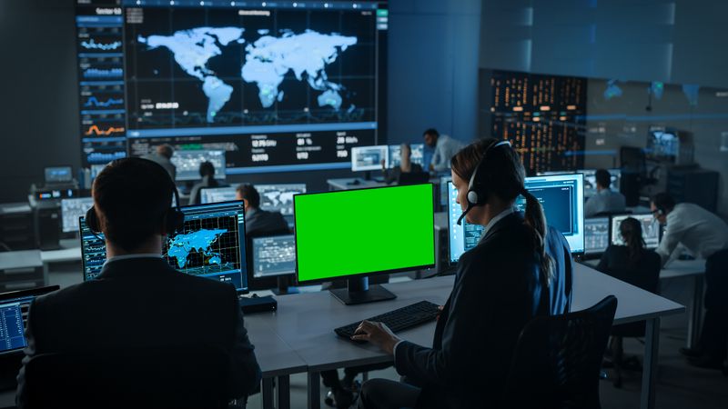 Analysts Work in Dimly Lit Command Center With Multiple Screens Displaying Global Data.
