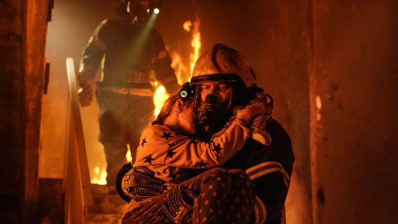 Fireman holding a girl with a raging fire behind