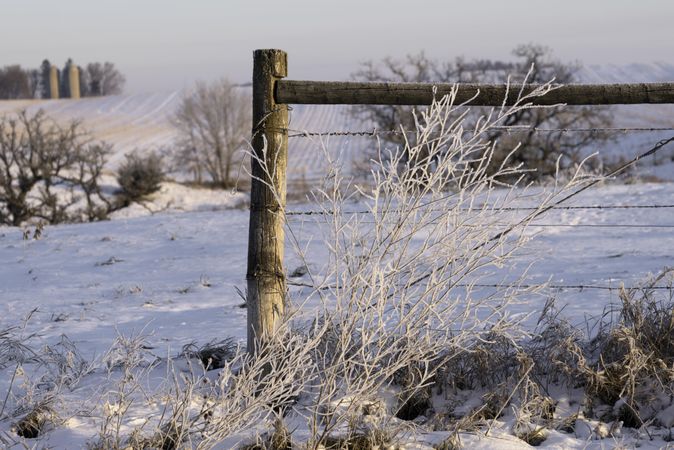 A farm fence surrounded with icy branches in a snowy field