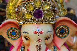 A beautiful idol of Lord Ganpati on display at a workshop in Mumbai, India for the festival of Ganesh Chaturthi
