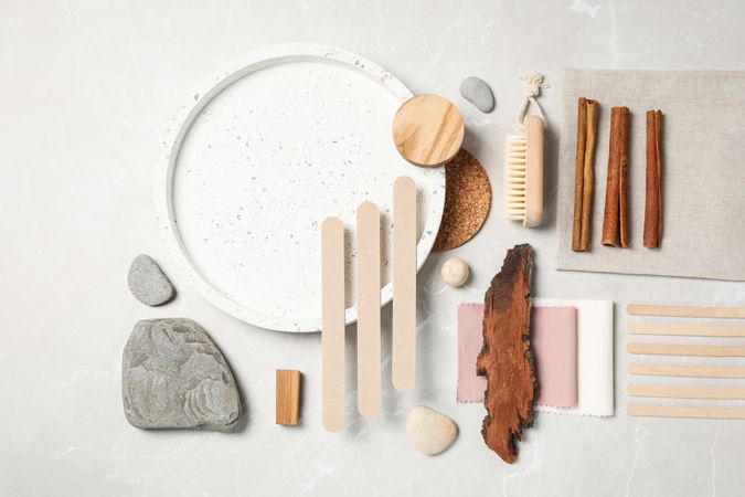 Flat lay of creative moodboard composition, top view