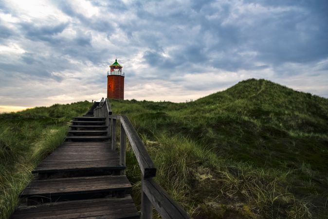 Steps leading up to red lighthouse in Sylt island, Germany